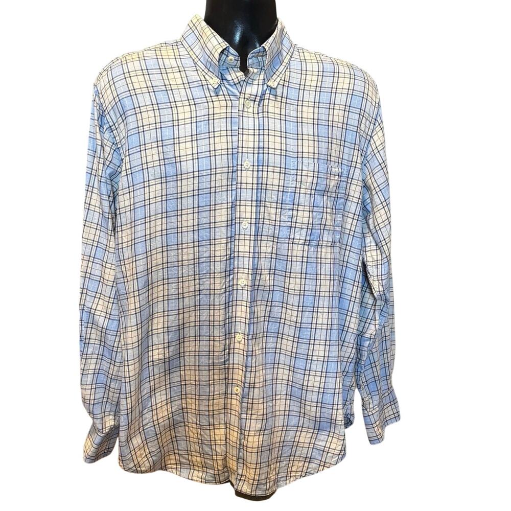 J McLaughlin Men’s Size L Button Down Shirt Plaid 100% Cotton Blue Long Sleeve